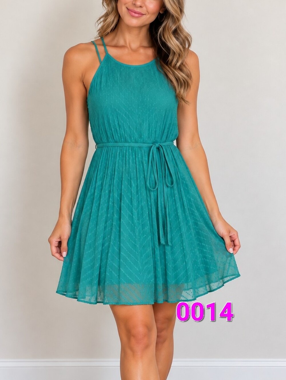 Teal Pleated Halter Tie-Waist Dress